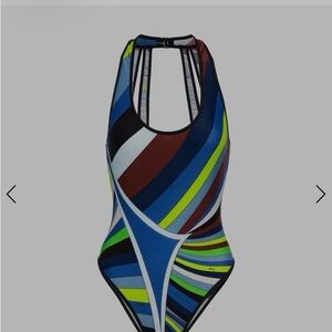 Emilio Pucci Blue and Green Striped One Piece Swimsuit